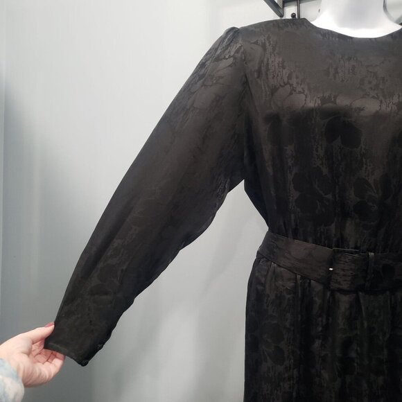 VTG 80s Cadaz Silk Dress Black Silk Floral Jacquard Gothic Glam Formal Size 14 - Picture 4 of 12